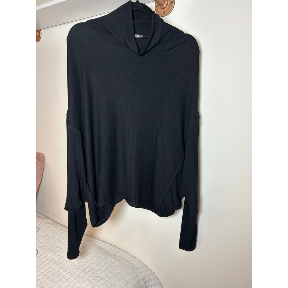 Free People Black Ribbed Cowl Neck Dolman Sleeve Asymmetrical Hem Top XS
